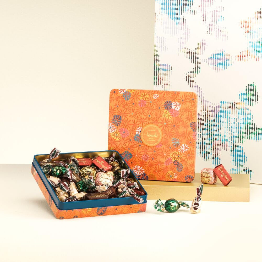 Venchi, Murrine Collection - Cutie cadou maxi de culoare portocalie cu praline de alune asortate, 600 grame Bomboane de Ciocolata Naty Shop