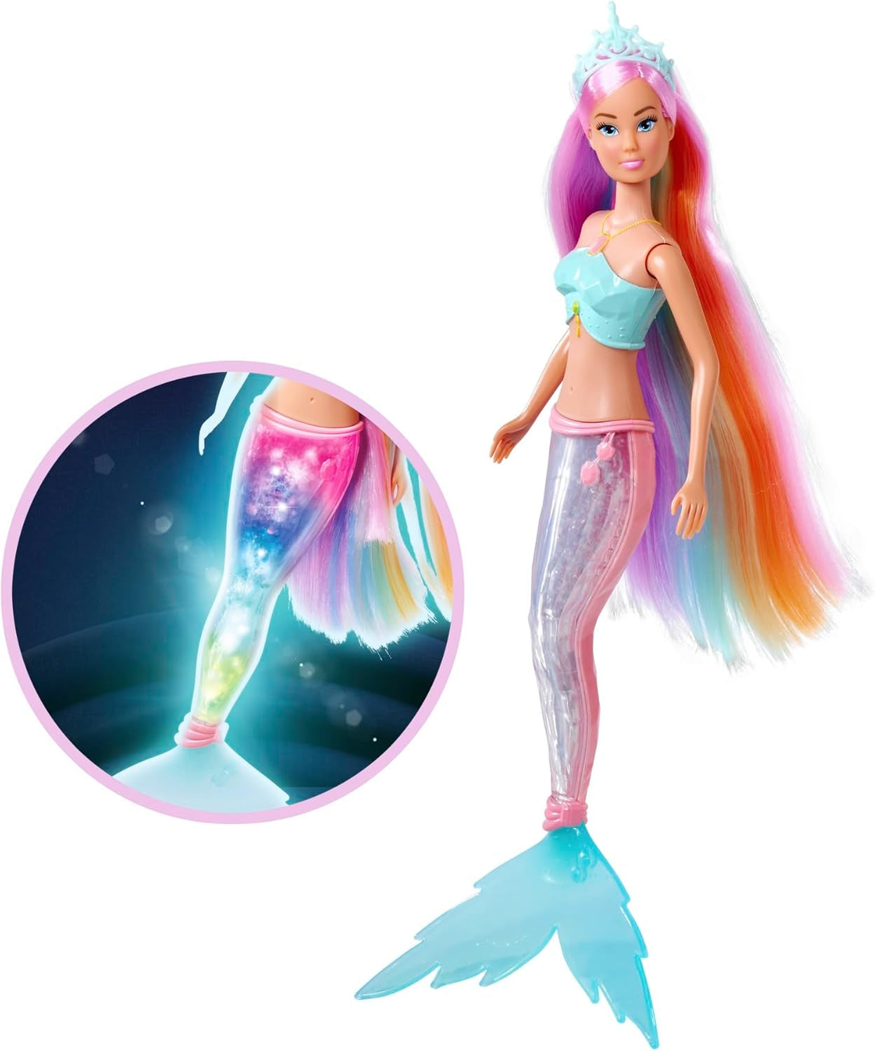 Steffi Love Magic Rainbow Mermaid, poupée sirène avec fonction de lumière arc-en-ciel magique et cheveux extra longs, 39 cm, à partir de 3 ans