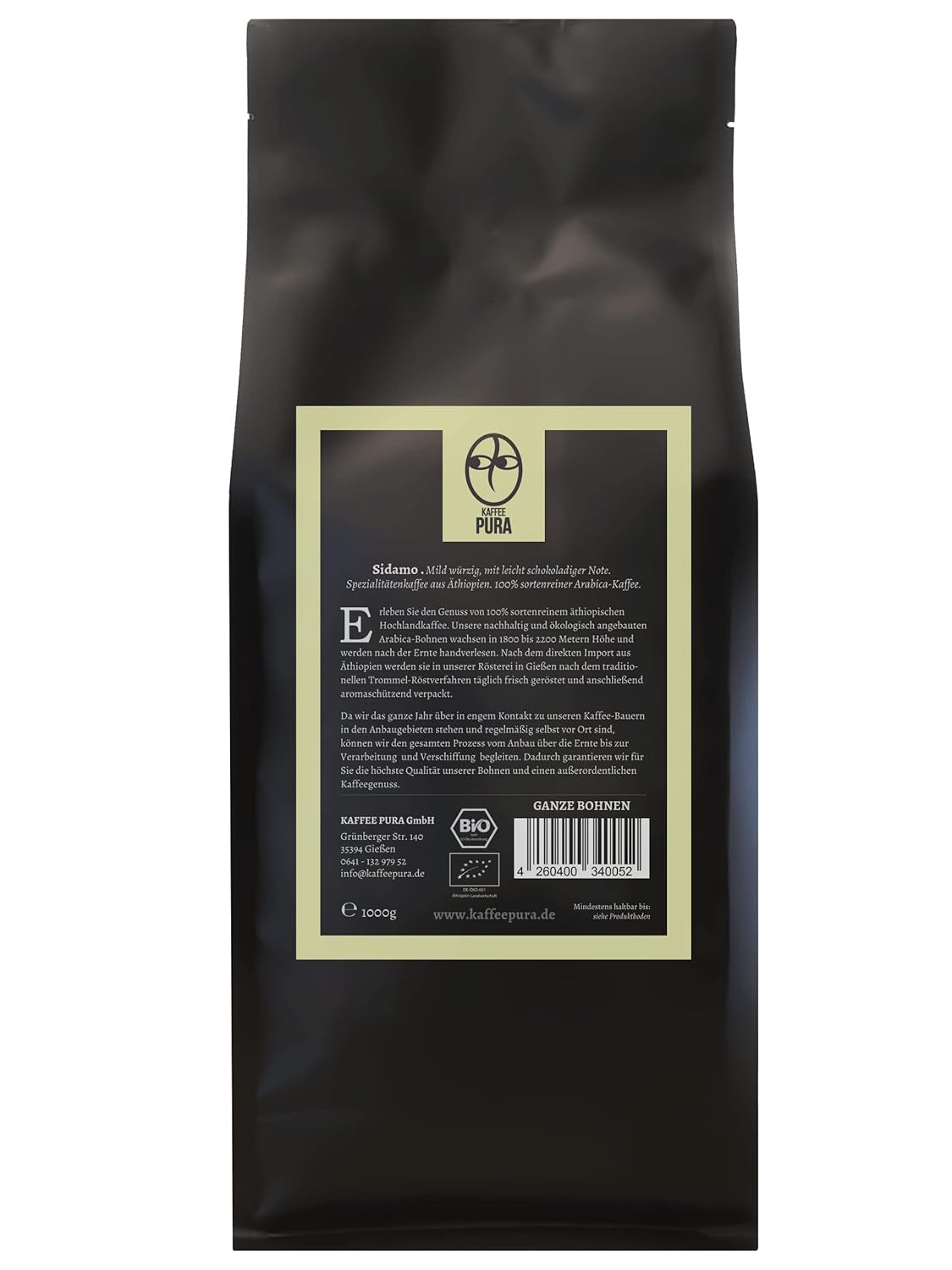 Café biologique Sidamo d'Ethiopie, grains entiers, 1000g