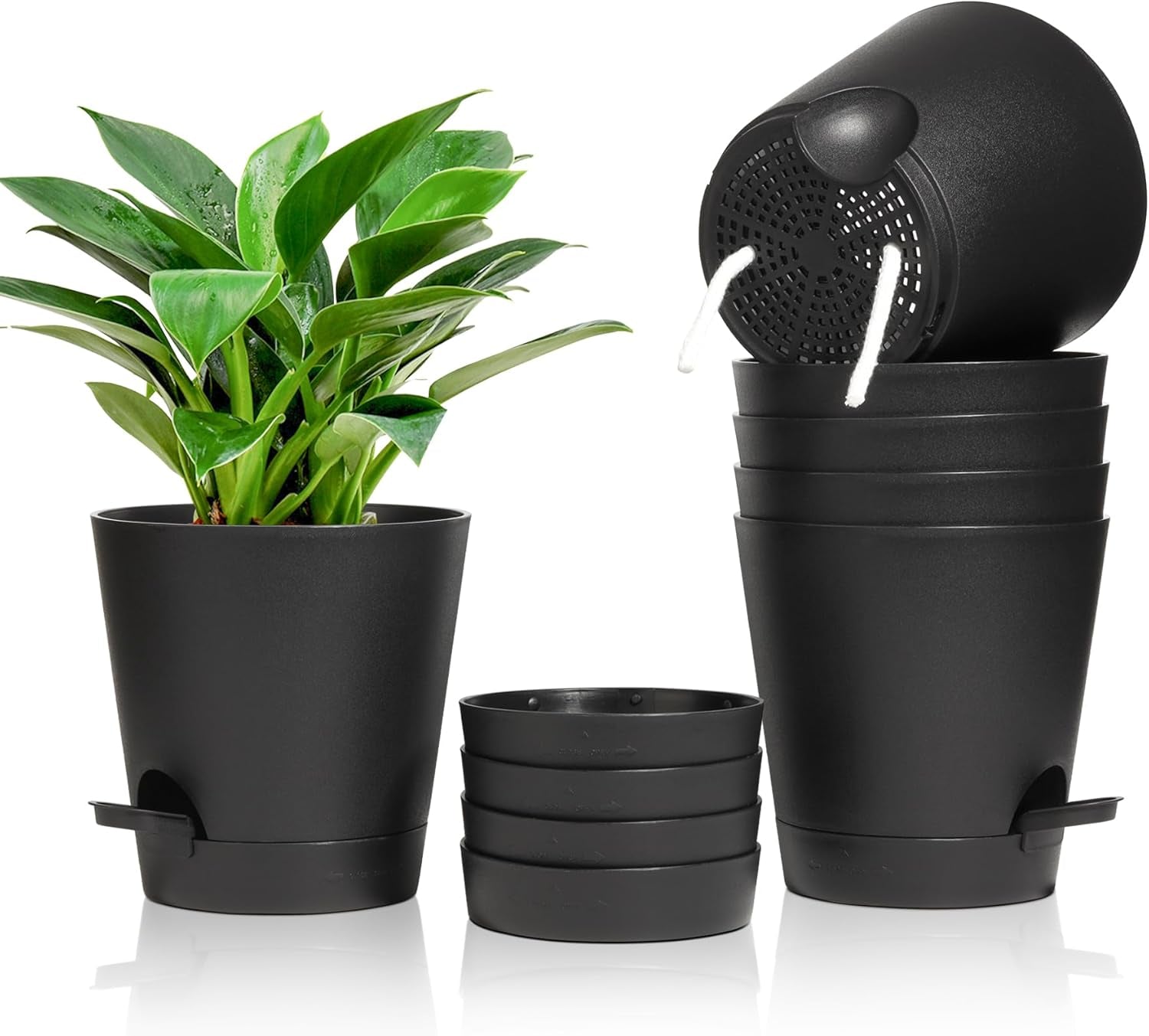 T4U Pots de fleurs en plastique de 14 cm avec système d'arrosage, lot de 6 pots de fleurs et soucoupes à arrosage automatique, pots ronds pour plantes de jardin de balcon intérieur, plantes grasses, cactus, blanc