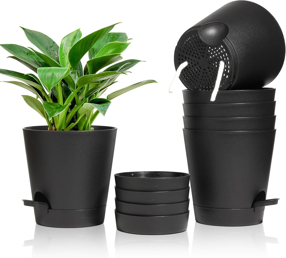 T4U Pots de fleurs en plastique de 14 cm avec système d'arrosage, lot de 6 pots de fleurs et soucoupes à arrosage automatique, pots ronds pour plantes de jardin de balcon intérieur, plantes grasses, cactus, blanc