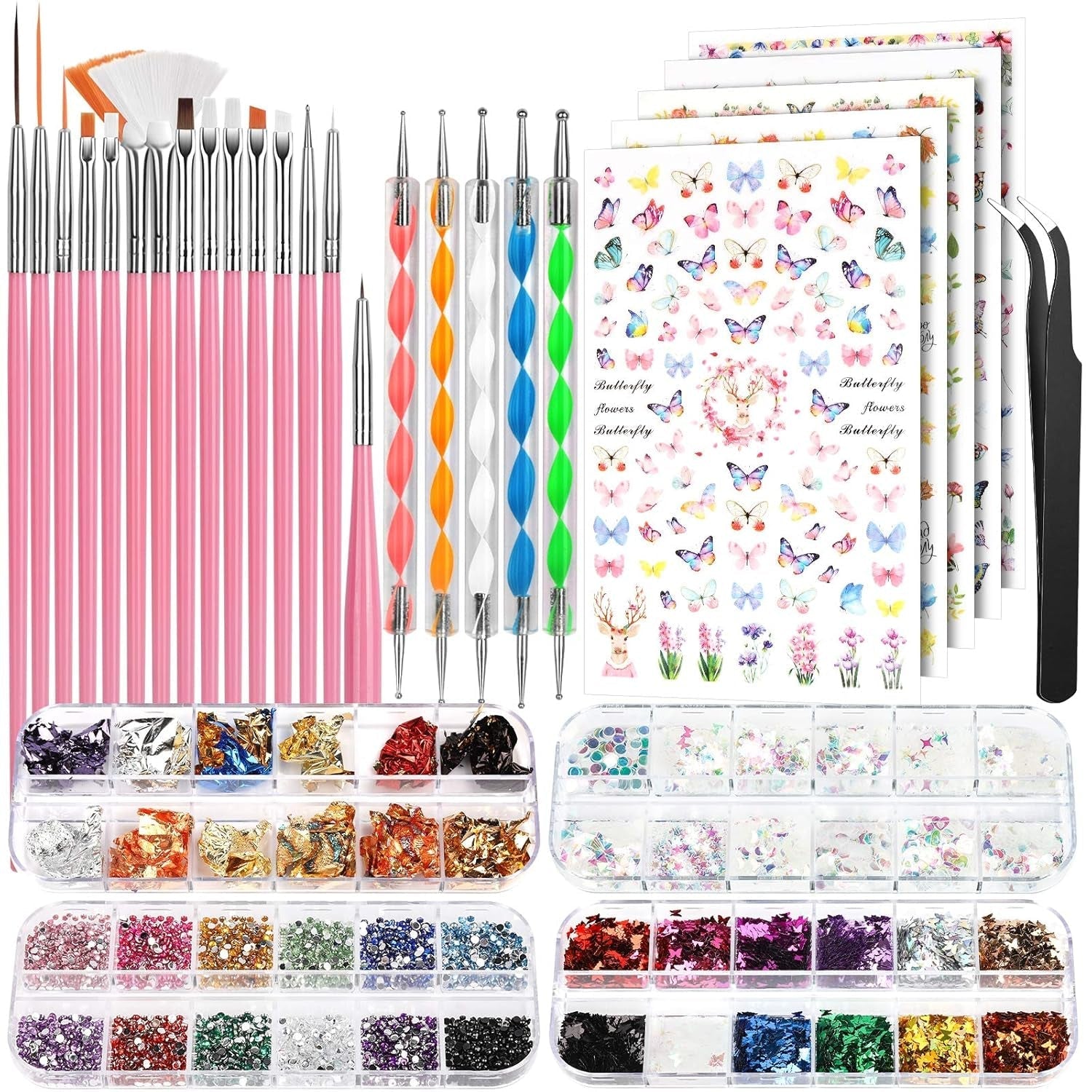 FANDAMEI Pinceaux pour Gel, 15 Pièces Pinceaux à Ongles, 5 Autocollants à Feuilles, Strasssteine ​​​​Nägel, Ensemble de Conception de Nagel, Accessoires de Conception de Nagel, Ensemble de Pinceaux à Ongles, Ensemble de Pinceaux à Ongles et Ensemble de Décorations