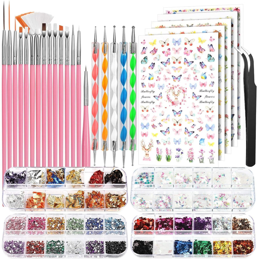FANDAMEI Pinceaux pour Gel, 15 Pièces Pinceaux à Ongles, 5 Autocollants à Feuilles, Strasssteine ​​​​Nägel, Ensemble de Conception de Nagel, Accessoires de Conception de Nagel, Ensemble de Pinceaux à Ongles, Ensemble de Pinceaux à Ongles et Ensemble de Décorations