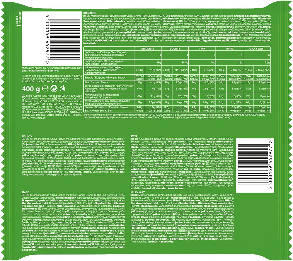 Minis mélangés, Snickers, Bounty, Twix, Milky Way, paquet de chocolat en vrac, un paquet (1 x 400 g) (paquet de 5)