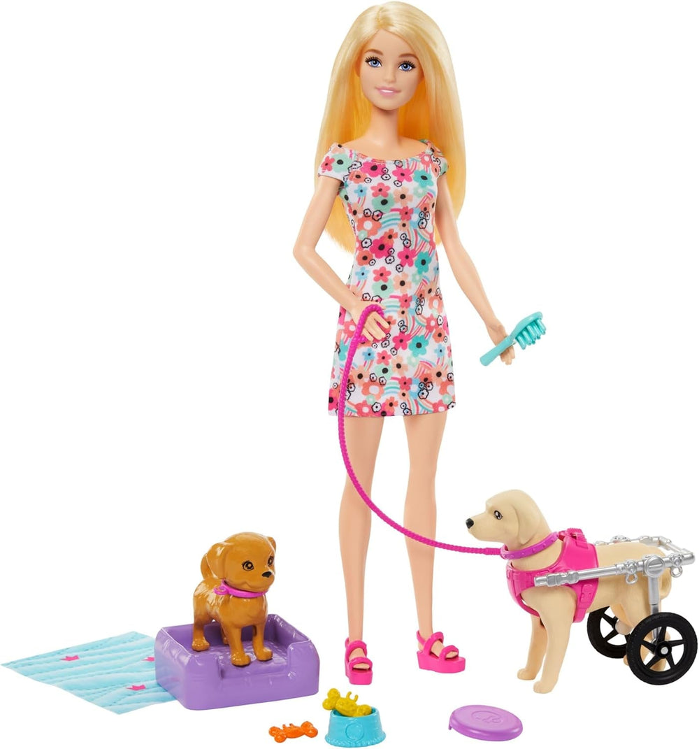 Barbie Dog Duo Poupée et accessoires, y compris petit chien et grand chien avec fauteuil roulant, laisse, bol de nourriture, lit pour animal de compagnie et os à friandises, 3 ans et plus, HTK37 Naty Shop Dolls