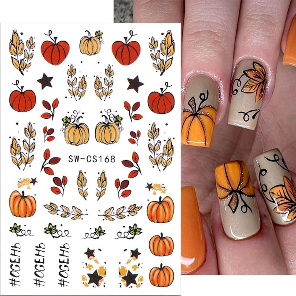 Autocollants pour ongles d'automne 3D, feuilles de citrouille, lignes géométriques, fleurs, autocollants pour ongles, Design du jour de Thanksgiving, autocollants pour ongles d'automne, accessoires pour ongles, Nail Art