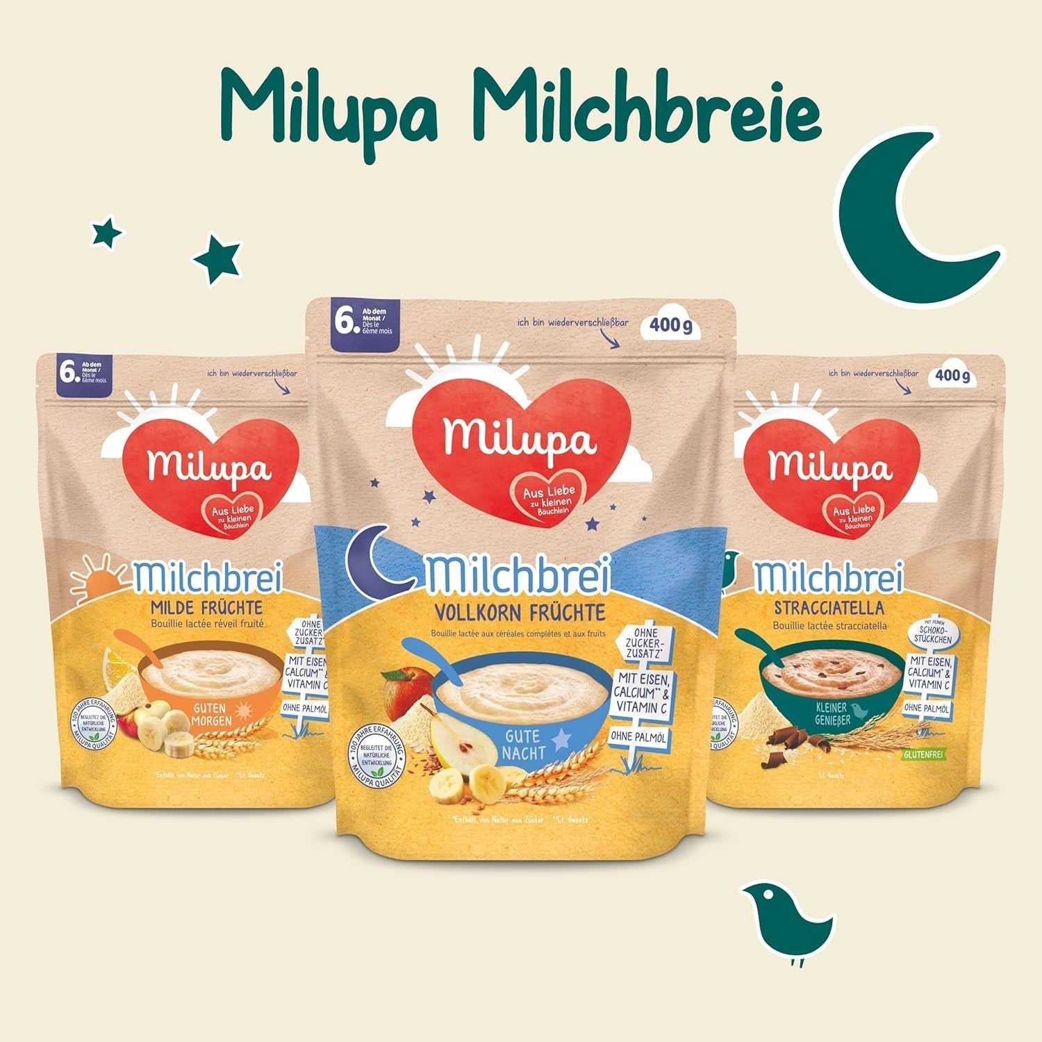 Milupa Milk Porridge Fruits Complets - Porridge pour enfants sans huile de palme, dès 6 mois - 4 X 400 G (pack de 2) Mère et Enfant Naty Shop