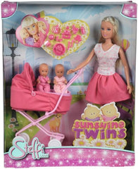 Simba Steffi Love Sunshine Twins - Poupée avec jumeaux et poussette, avec accessoires tels que biberons et jouets, variante assortie à 2 poupées, ensemble de poupées pour enfants à partir de 3 ans