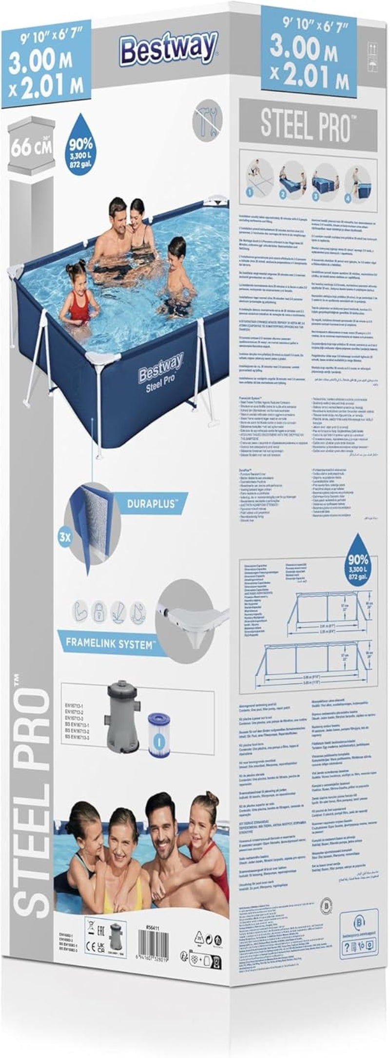 Set piscină Bestway Steel Pro, dreptunghiulară, 3,00 m x 2,01 m x 66 cm, albastră