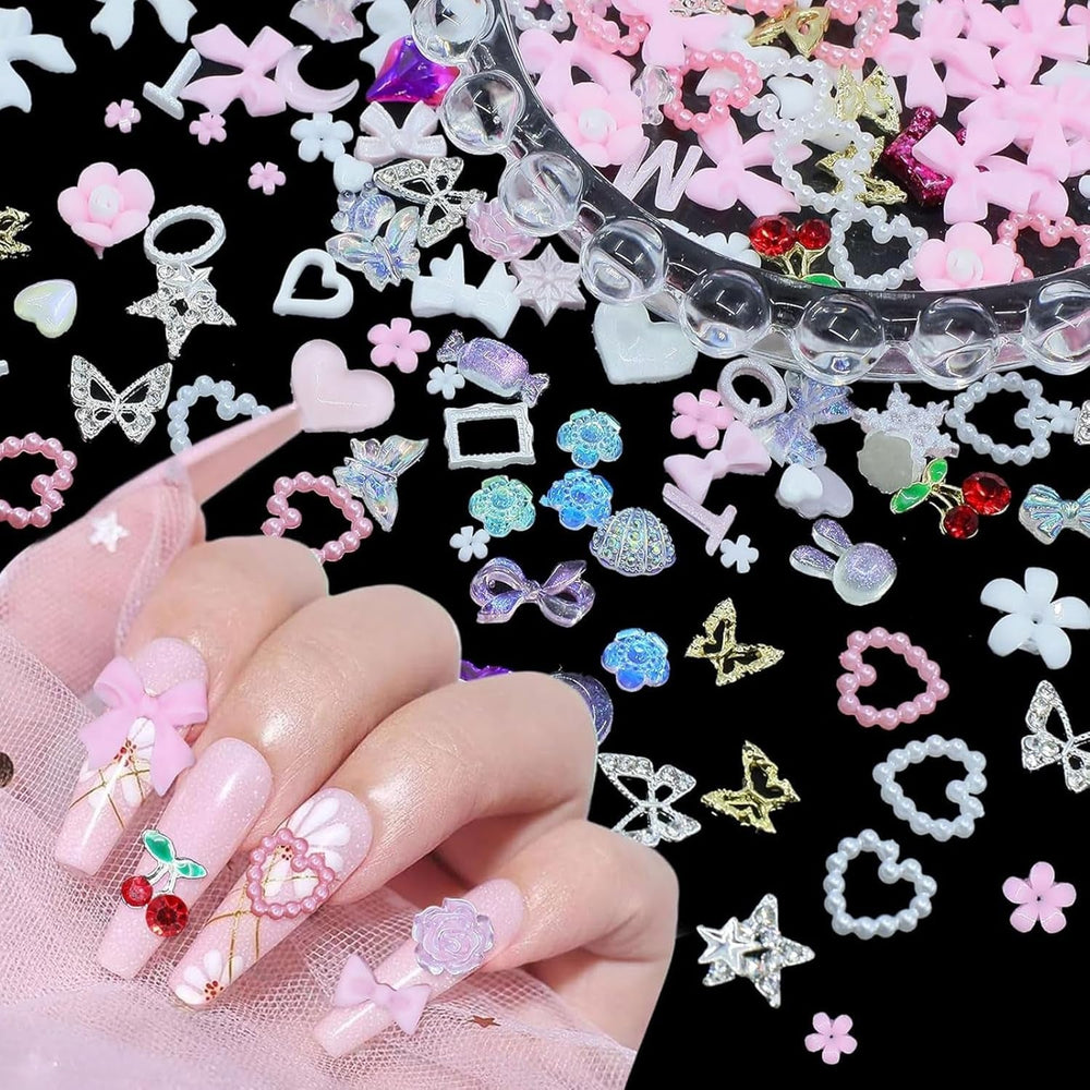 3D Anhänger Mit Schmetterlings Kirschstern Nagel Edelsteinen Mit Pinzette, Schleifen, Herz, Blume, Nagel Strassanhänger Für Maniküre, DIY-Bastelzubehör