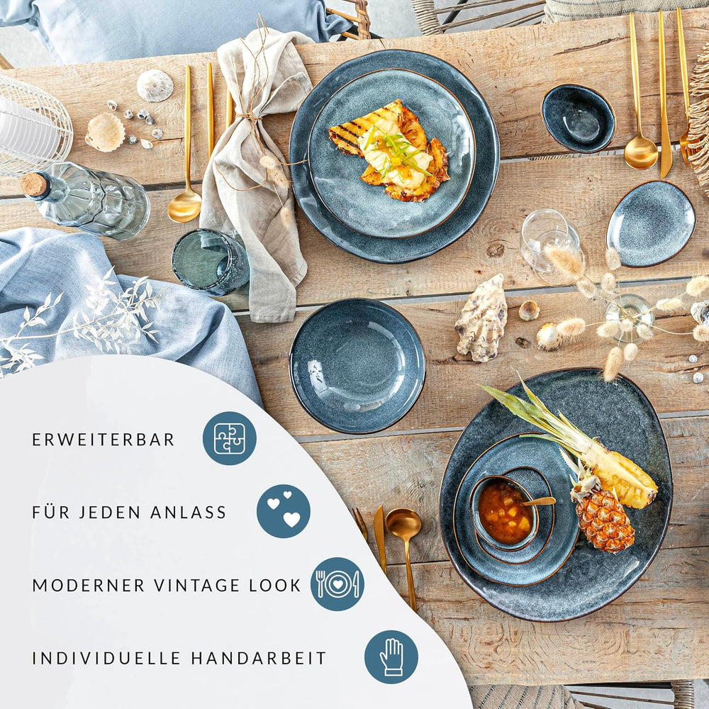 SANGER | Service de table Darwin 12 pièces, service de table en grès pour 4 personnes, service de table bleu comprenant des assiettes plates, des assiettes à dessert et des assiettes creuses, un service de table fait main | LA COLLECTION PREMIUM