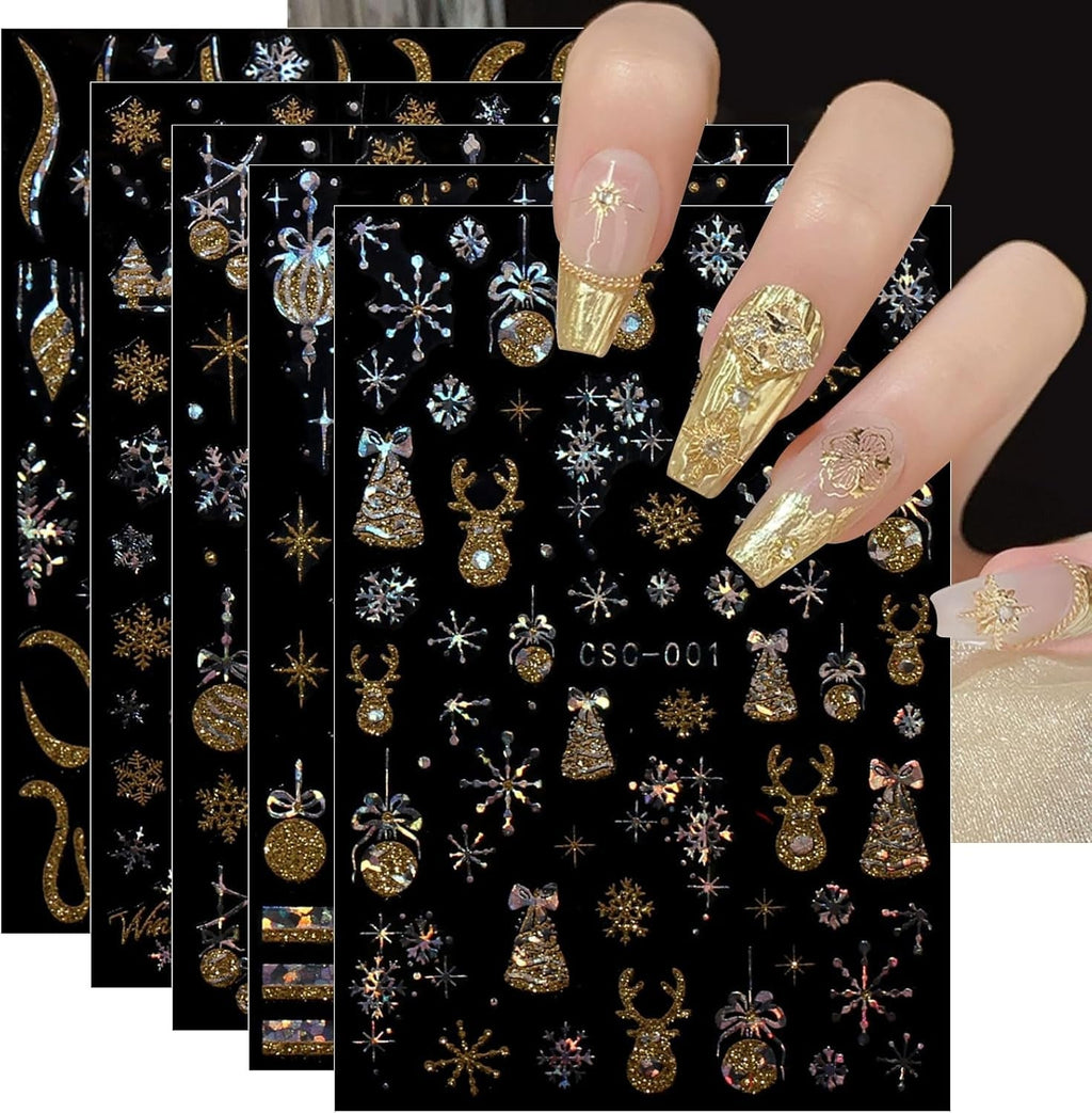 JMEOWIO Nagelsticker Weihnachten Gold Glitter Silber 8 Blatt Nail Art Sticker Selbstklebend Nagelaufkleber Schneeflocke Winterurlaub Dekoration Nageldesign Zubehör