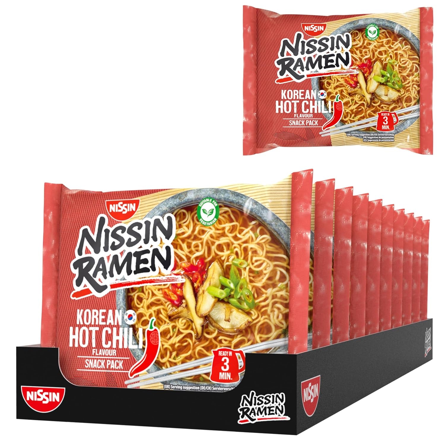 Nissin Ramen - Paquet de 10 nouilles instantanées de style asiatique au chili épicé coréen basées sur une recette coréenne Rapide et facile à préparer des plats asiatiques (10 x 65,2 g)