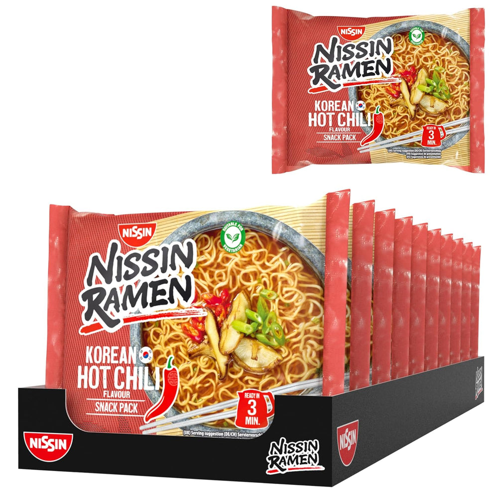 Nissin Ramen - Paquet de 10 nouilles instantanées de style asiatique au chili épicé coréen basées sur une recette coréenne Rapide et facile à préparer des plats asiatiques (10 x 65,2 g)