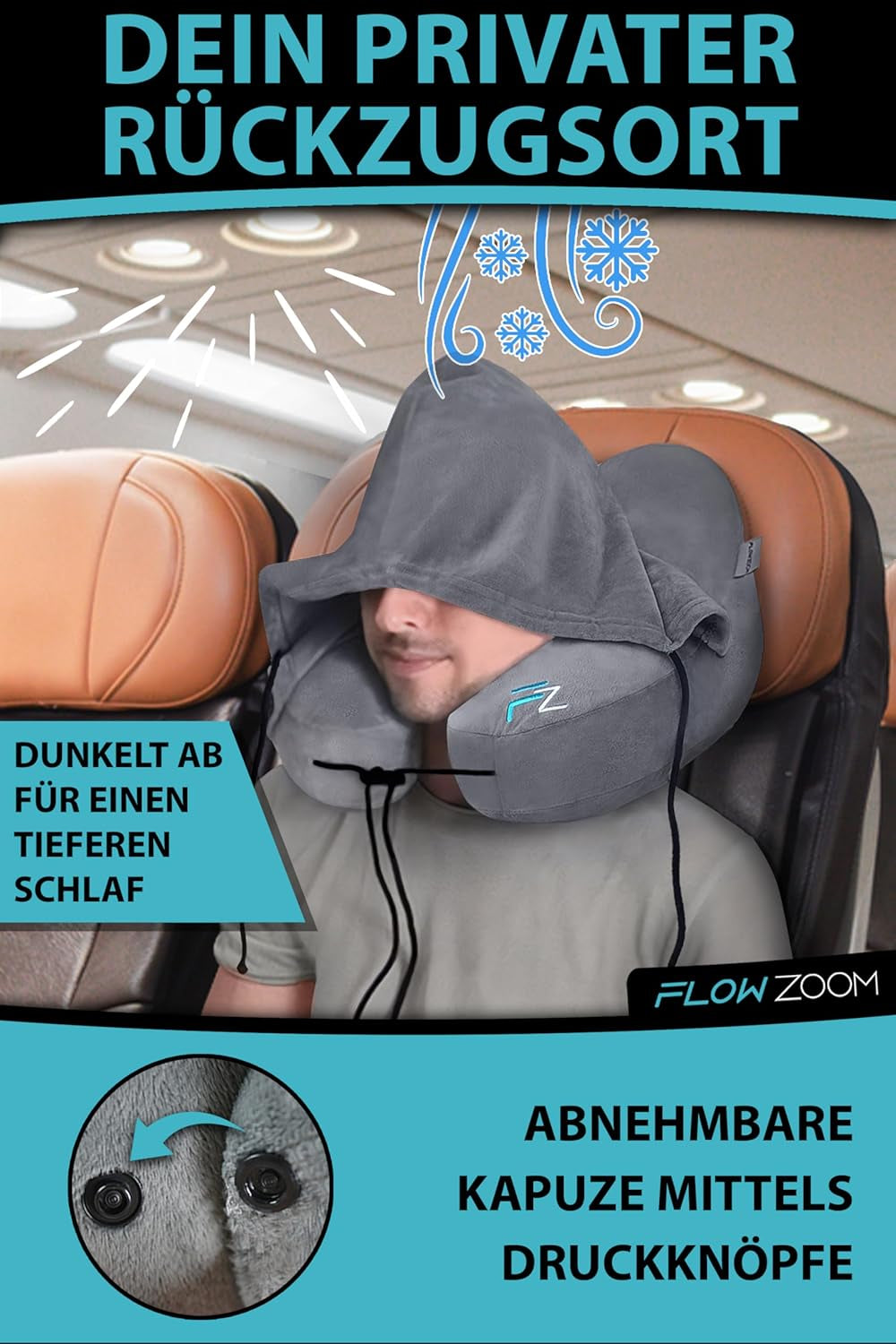 FLOWZOOM AIR Oreiller Cervical Gonflable avec Capuche - Oreiller Cervical Avion - Oreiller de Voyage - Oreiller Cervical Gonflable Rapide - Oreiller Avion - Oreiller de Voyage - Oreiller Cervical pour Adultes (Gris) Oreillers Cervicaux Orthopédiques Naty Shop