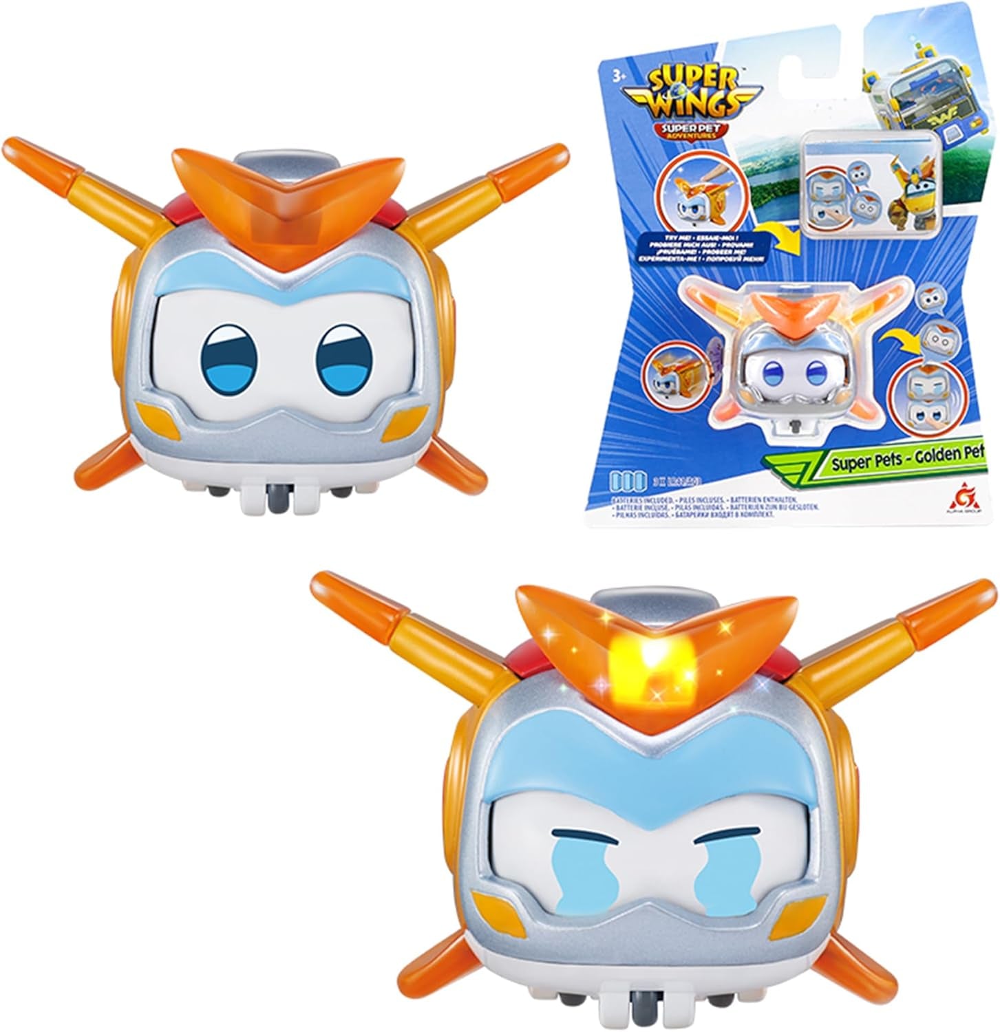 Super Wings Super Pets 4 PCS Shine, Golden Boy, Jerome, Ellie, cu expresie facială comutabilă, cu efect de fulger, portabil, jucărie pentru 3 4 5 6 7 8 ani băiat fată, 2 inci Action figures Naty Shop Băiatul de aur