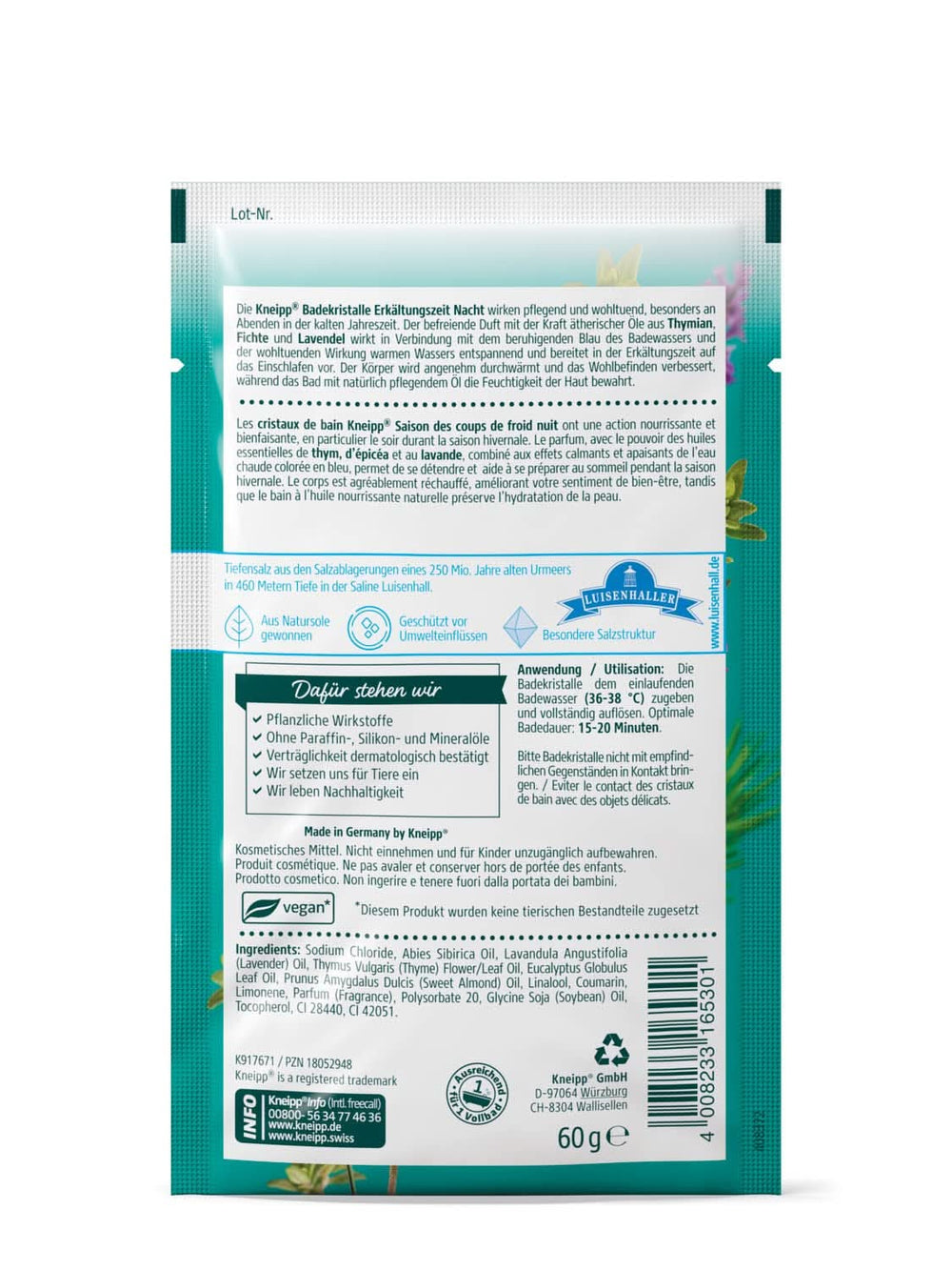 Kneipp Sels de bain naturels des salines de Luisenhall aux huiles essentielles de lavande, de thym et d'épicéa - Détendu pour dormir pendant les saisons froides - 60 grammes Douche et bain Naty Shop