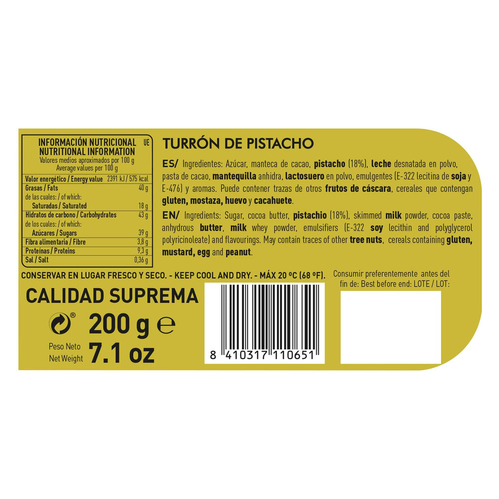 Touron artisanal chocolat pistache, 200g, texture crémeuse, qualité supérieure, ingrédients fins, goût authentique, le touron le plus cher au monde