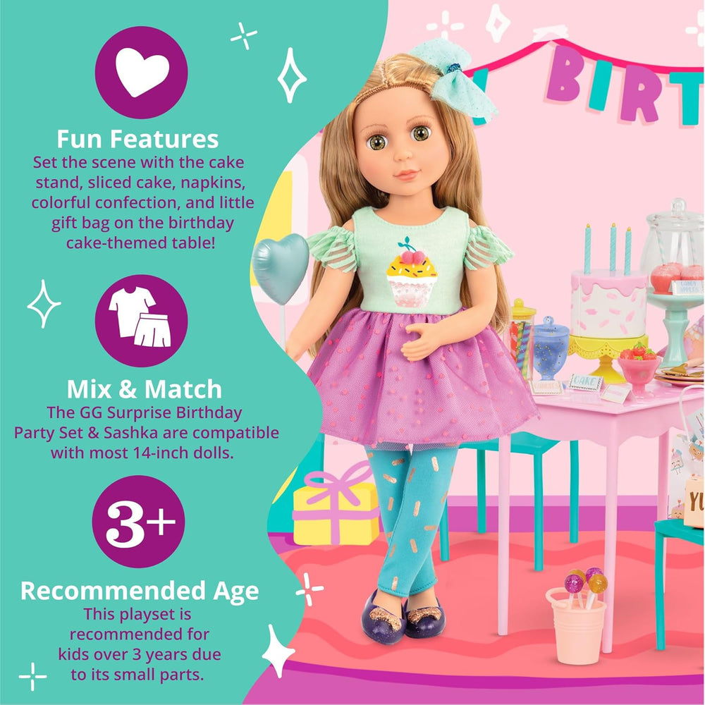 Glitter Girls - GG Surprise Birthday Party Set & Sashka - Bewegliche 36cm Puppe Sashka - Überraschungs-Geburtstagsparty-Set - Tisch & Stühle Möbel - 3 ans +