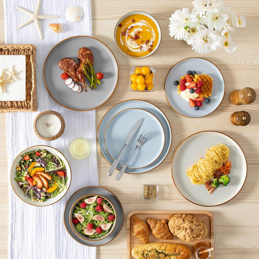 Ensemble de cuisine pour 6 personnes, vancasso RENO 24-tlg Steingut Teller Set Mix, Tafelservice mit je 6 Speiseteller, Dessertteller, Suppenteller, Müslischalen, Spülmaschinenfest & Mikrowellengeeignet, Mehrfarbig