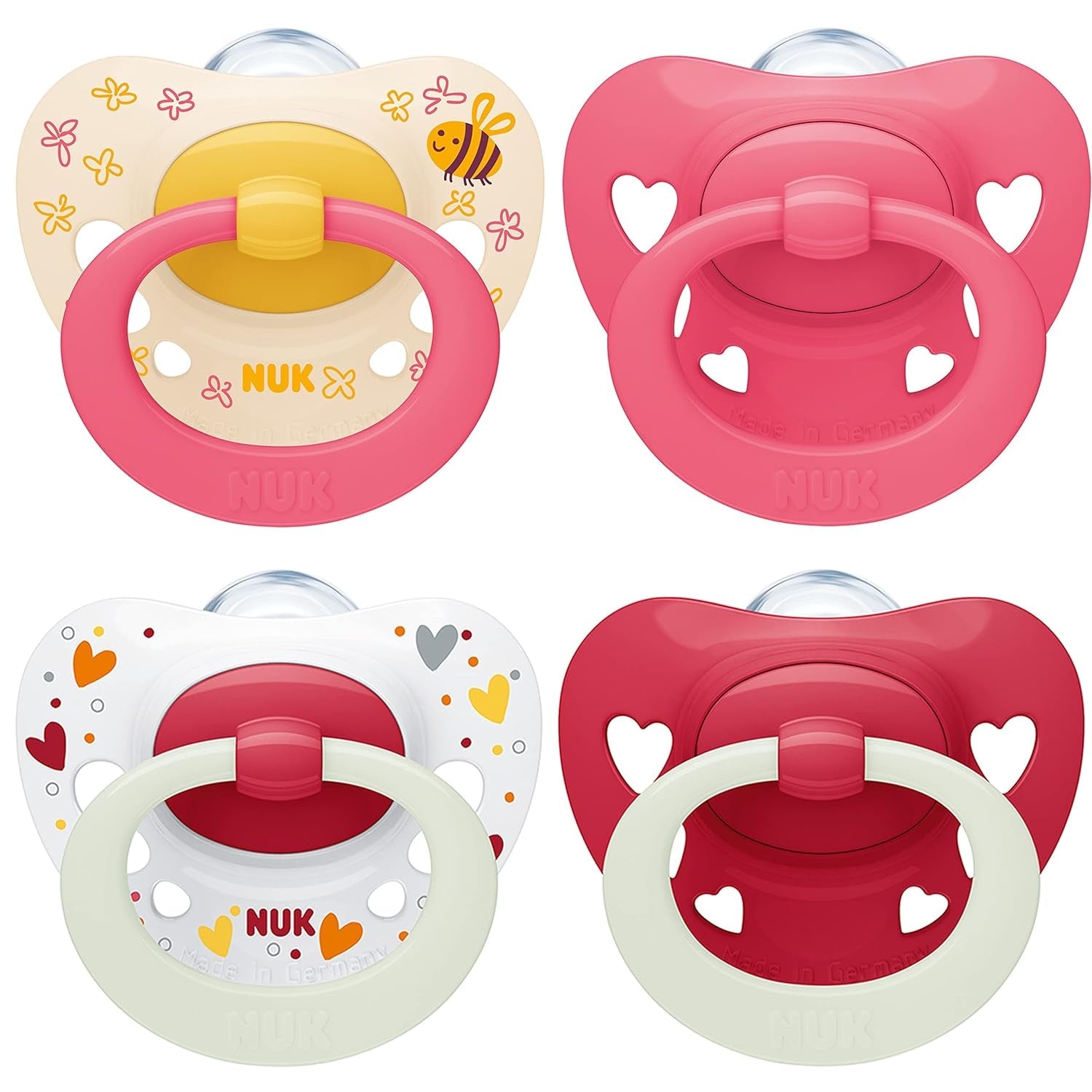 NUK Signature Sucettes jour et nuit pour bébés | 0-6 mois | Calme 95 % des bébés | Sucettes en silicone en forme de cœur sans BPA | Brille dans le noir | Étoiles | Paquet de 4