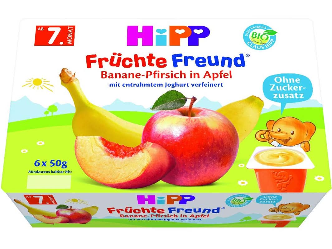 Hipp Fruits bio, Bananes en compote de pommes, paquet de 6 (6 x 400 g) Mère et Enfant Naty Shop 4 x 6 x 50 grammes Bananes, pêches, pommes