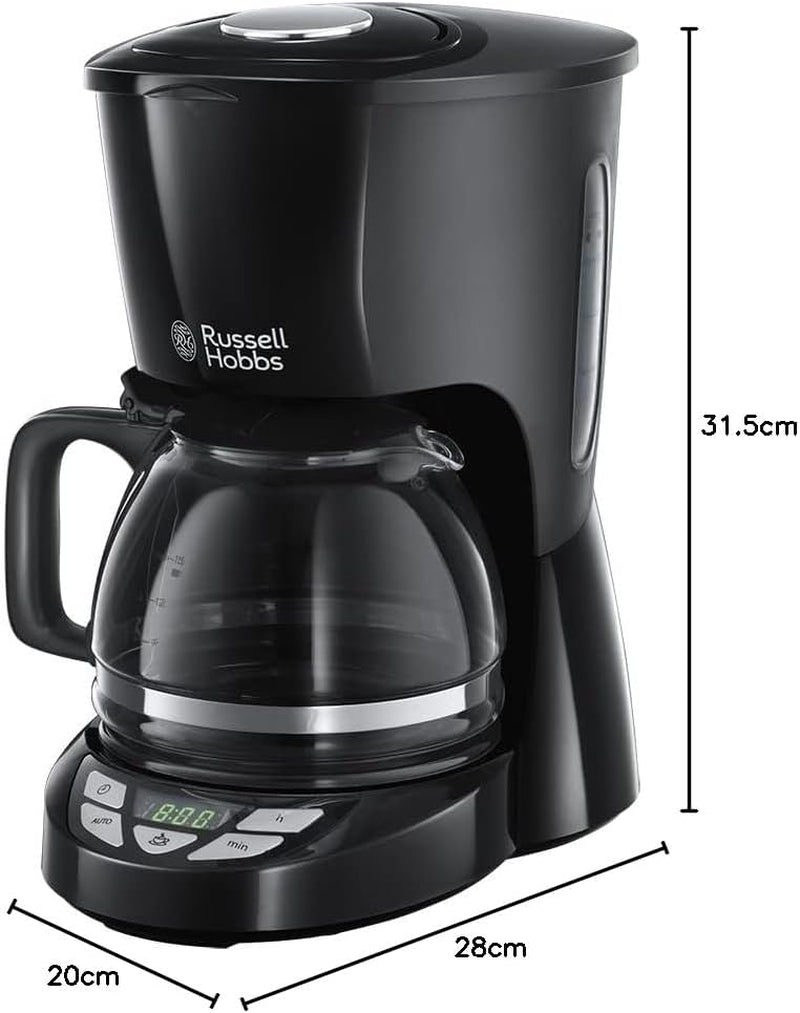 Russell Hobbs Cafetière [minuterie numérique, pomme de douche pour une extraction et un arôme optimaux] Textures+ (1 à 12 tasses, carafe en verre 1,25 L, plaque chauffante, système anti-goutte) Cafetière à filtre 22620-56