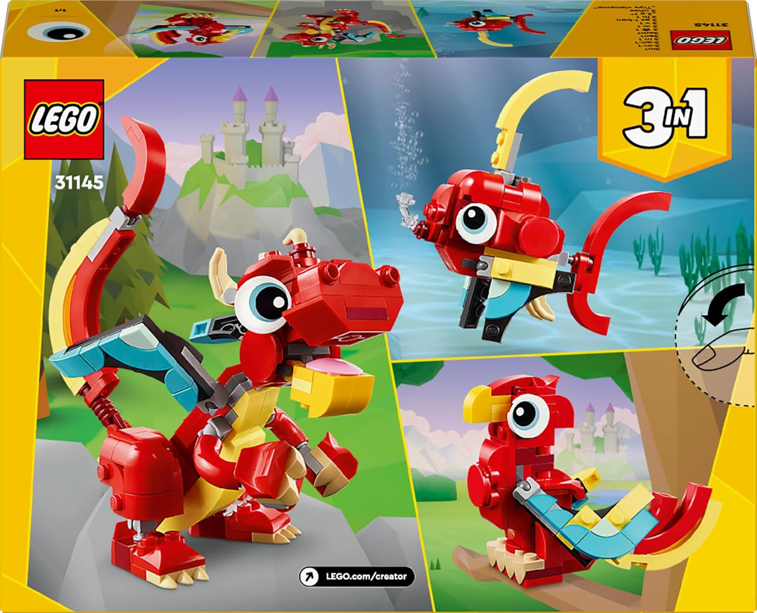 LEGO Creator 31145 Jouet dragon rouge 3 en 1 avec figurine de poisson et modèle d'oiseau phénix, ensemble de figurines d'animaux, cadeaux pour garçons, filles et enfants de 6 ans et plus 31145