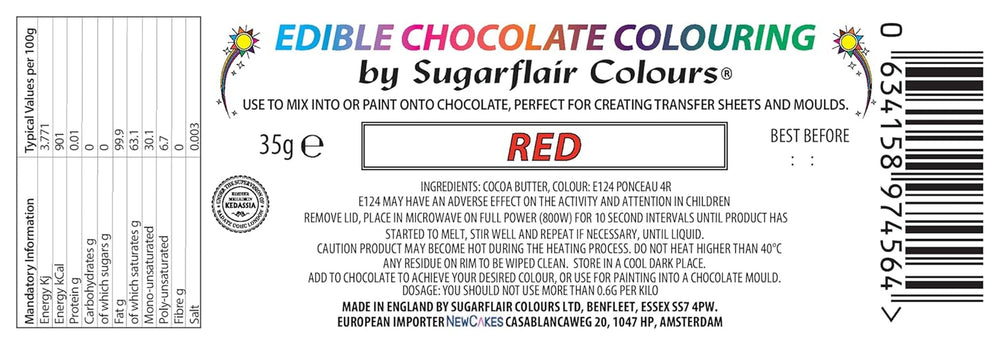Colorant alimentaire Sugarflair Chocolate Colorant alimentaire pour chocolat rouge - Beurre de cacao bio coloré, colorant chocolat pour colorer chocolat, pralines - 35g