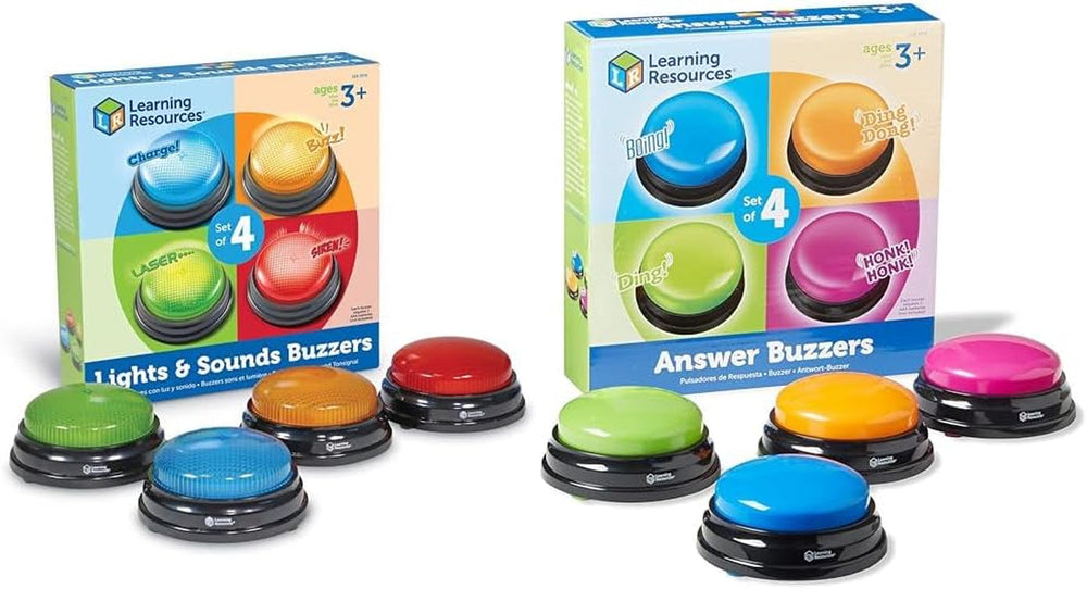 Learning Resources Buzzer lumineux et sonore Jeux éducatifs pour enfants à partir de 3 ans Jouet de questions pour enfants avec 4 sons différents pour les soirées de jeux et les salles de classe Jouets Bebe Naty Shop Answer Buzzer Pack Lot de 4