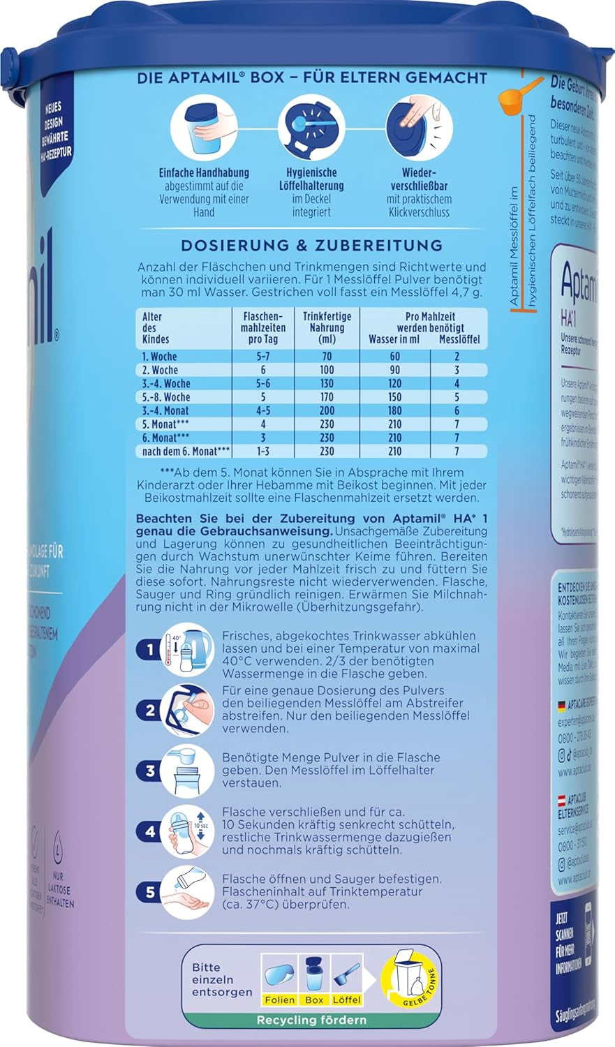 Aptamil HA 1 - Préparation pour nourrissons dès la naissance, avec DHA, sans lactose, sans huile de palme, nourriture pour bébé, lait en poudre, 1 x 800 g