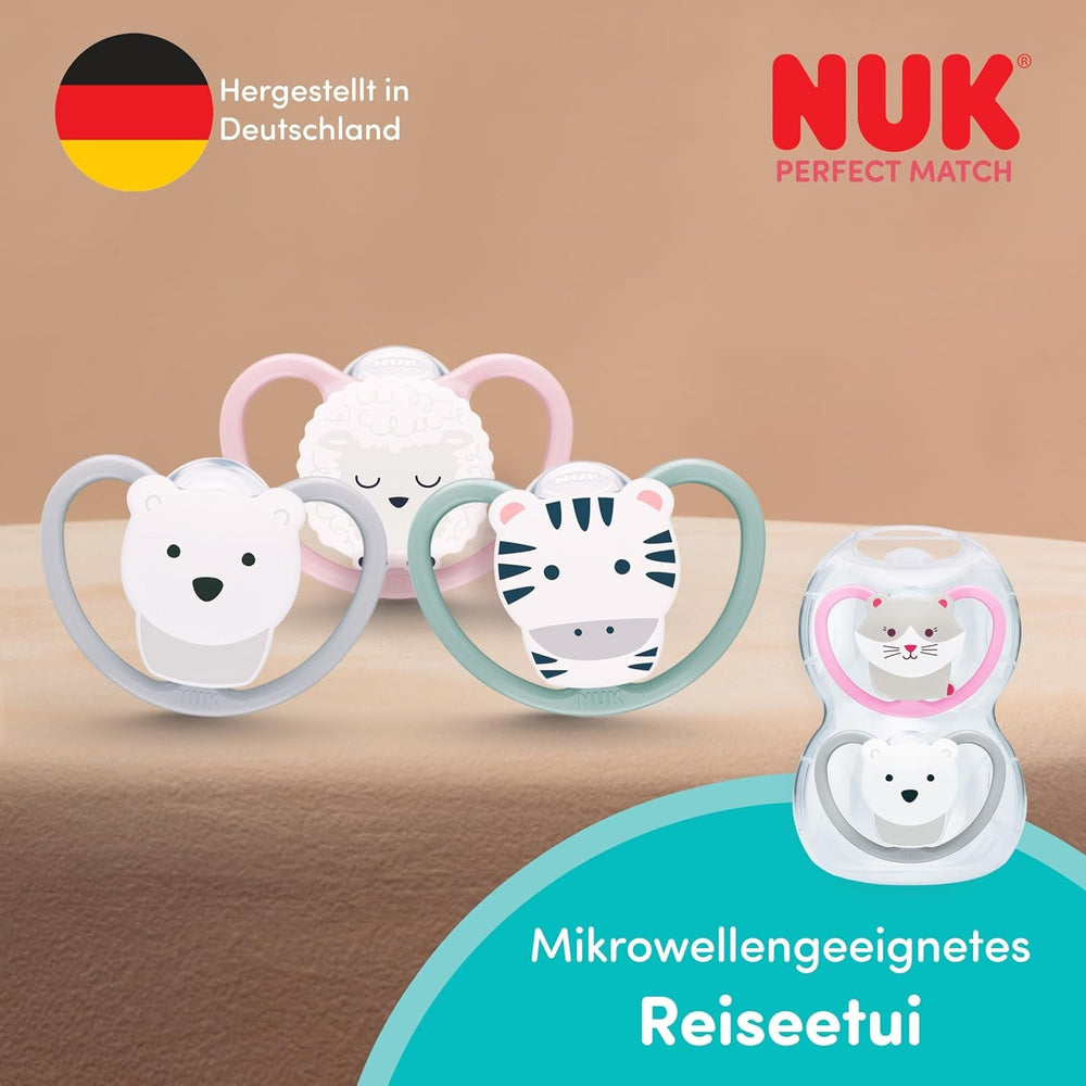 Sucettes NUK Perfect Match Air pour bébés | 6-18 mois | Sucettes orthodontiques qui favorisent la circulation de l'air et préviennent les éruptions cutanées causées par la salive | 95 % d'acceptation par les bébés** | Zèbre/Léo | Paquet de 2