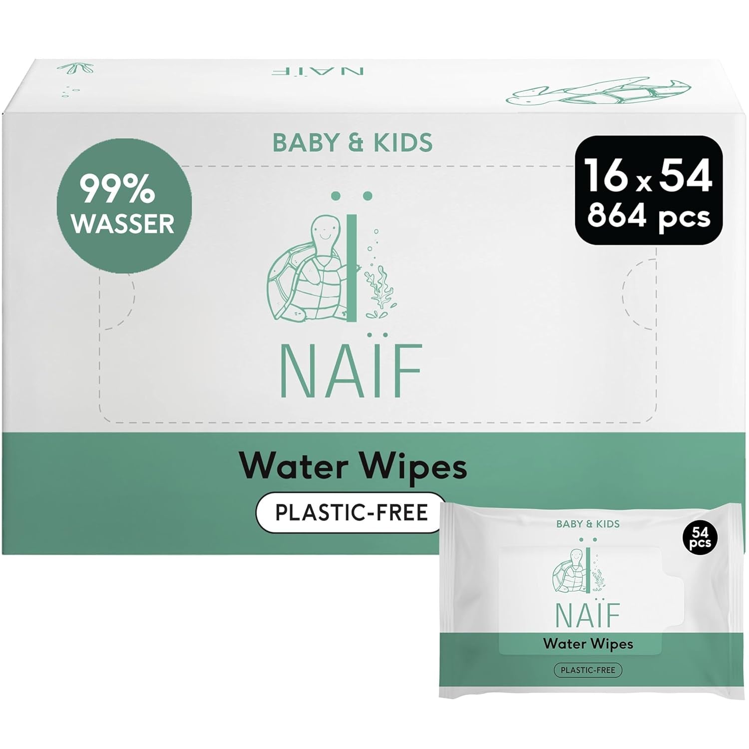 Naïf - Lingettes humides sans plastique - 864 pièces (16 paquets de 54 lingettes) - Soin des fesses, du corps et du visage de bébé - 99% d'eau - 0% de parfum et d'alcool