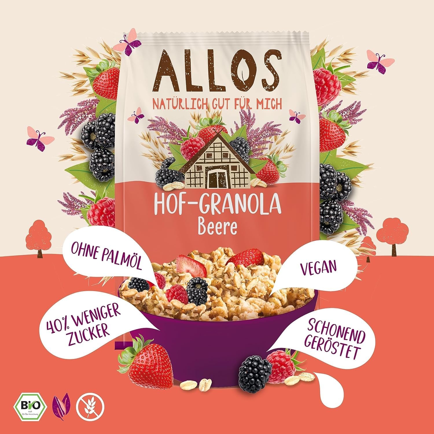 Allos Hof Granola aux baies | Muesli biologique | Muesli aux baies | Muesli croustillant | Céréales pour le petit déjeuner | Pack de 6 (6 x 300g), 1 pièce (pack de 6)