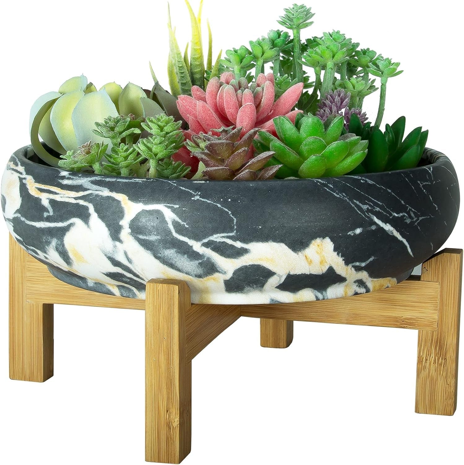 Ghiveci suculent, jardinieră mare pentru suculente cu suport, ghiveci bonsai ceramic de 25,4 cm cu drenaj, rotund, marmură, cactus, flori, jardinieră pentru interior și exterior