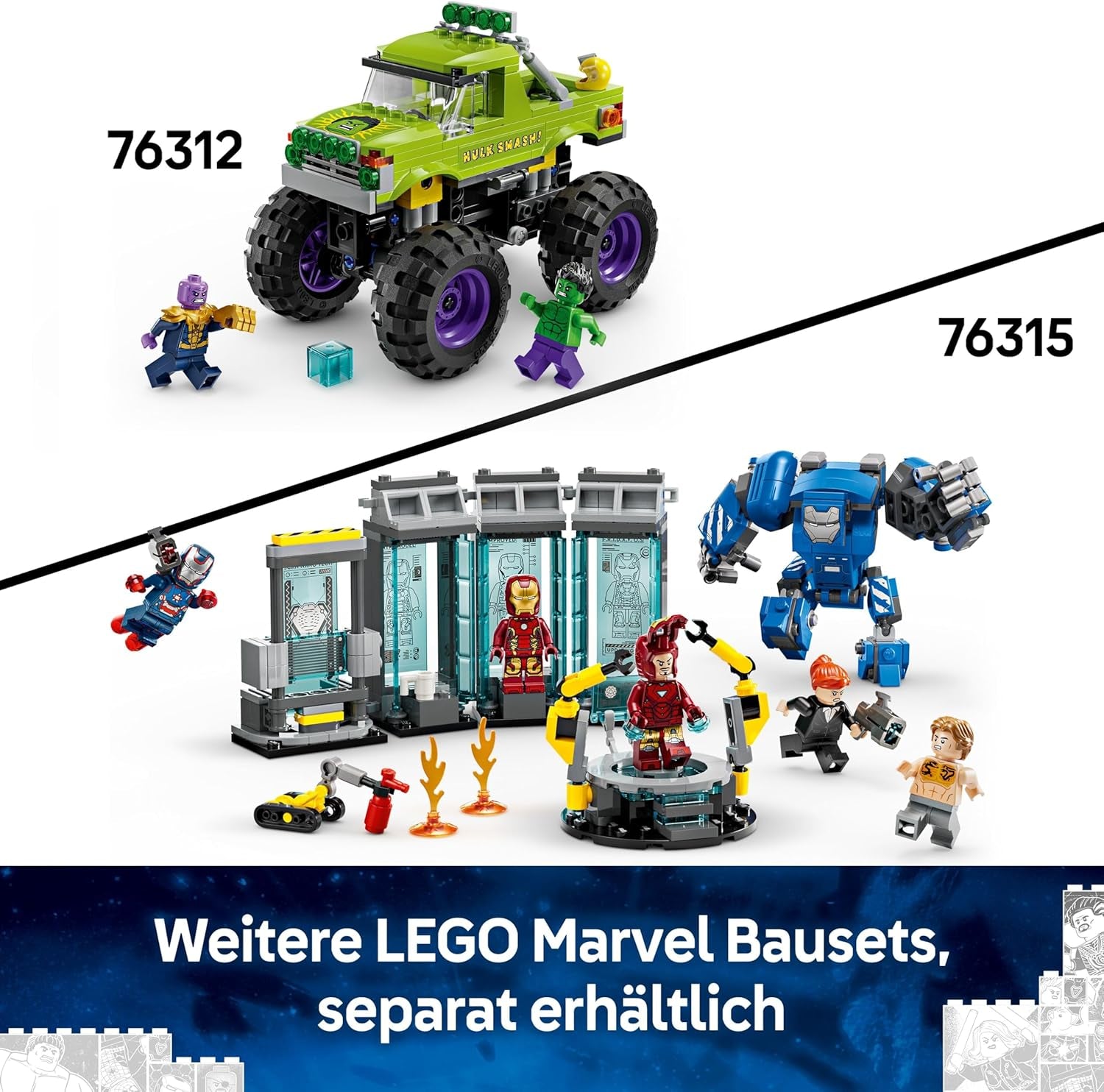LEGO ǀ Marvel Hulk-Truck vs. Thanos - Kreatives Superhelden Spielzeug - Avengers Fahrzeug und Minifiguren - Monstertruck für Spielspaß - Geschenk für Jungen und Mädchen ab 7 Jahren - 76312