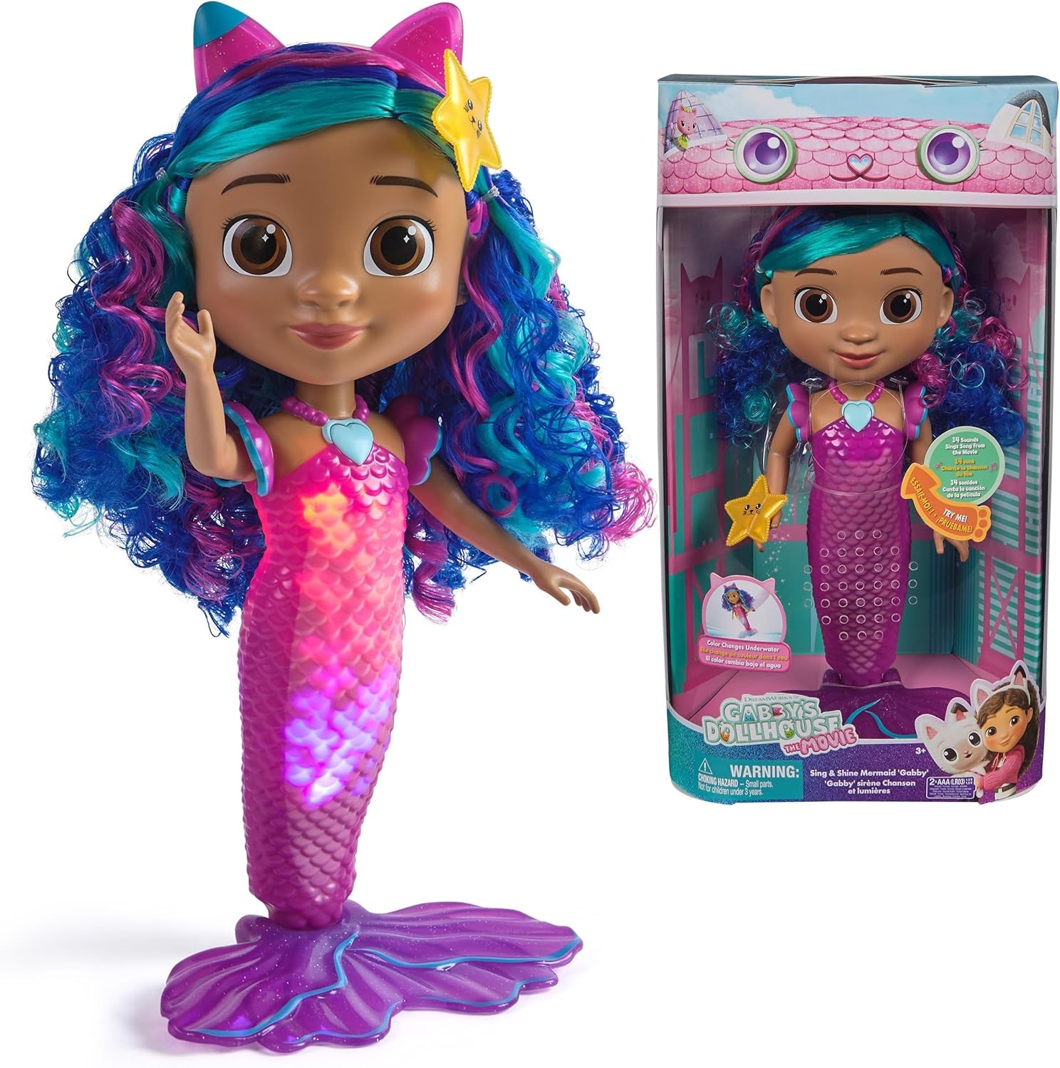 Gabby und das magische Haus Der Film – Gabby Dollhouse – Meerjungfrau-Puppe mit Funktionen 35 cm – 1 Figur und 2 Zubehör – Geräusche & Lichter – Cartoon Spielzeug Puppenhaus – Spielzeug für Kinder ab