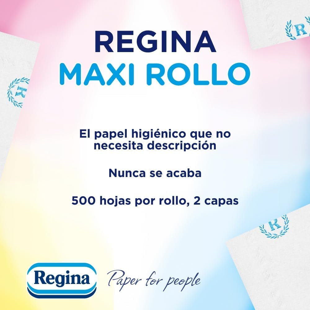 Regina Maxi-Roll - 4 rouleaux de papier toilette, 500 feuilles 2 épaisseurs par rouleau, plus de trois fois un rouleau standard, 60 % d'emballages plastiques recyclés, 100 % papier certifié Fsc