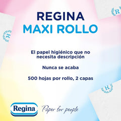 Regina Maxi-Roll - 4 rouleaux de papier toilette, 500 feuilles 2 épaisseurs par rouleau, plus de trois fois un rouleau standard, 60 % d'emballages plastiques recyclés, 100 % papier certifié Fsc