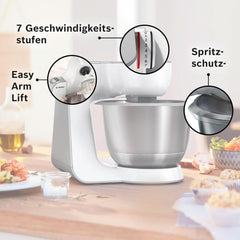 Machine à cuisiner Serie 4 MUM58210, Edelstahl-Schüssel 3,9 L, Planetenrührwerk, Patisserie-Set Aus Edelstahl, Knethaken, Schlagbesen, Rührbesen, Durchlaufschnitzler, 3 Scheiben, 1000 W, Weiß/Silber Mother and Child Naty Shop