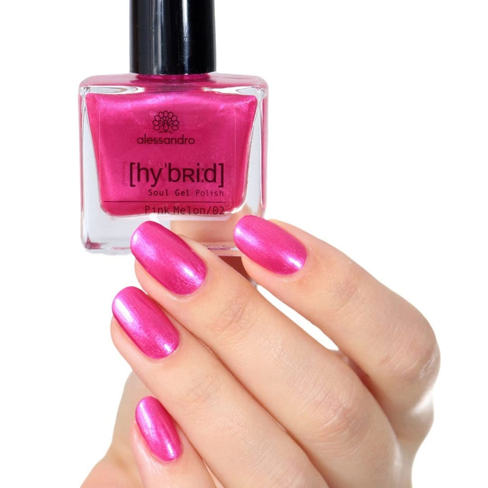 Vernis à ongles HYBRIDE alessandro Pink Melon - nuance de rose vibrante avec de fines particules de paillettes - Des ongles parfaits en seulement 3 étapes, sans LED - dure jusqu'à 10 jours ! 8 ml