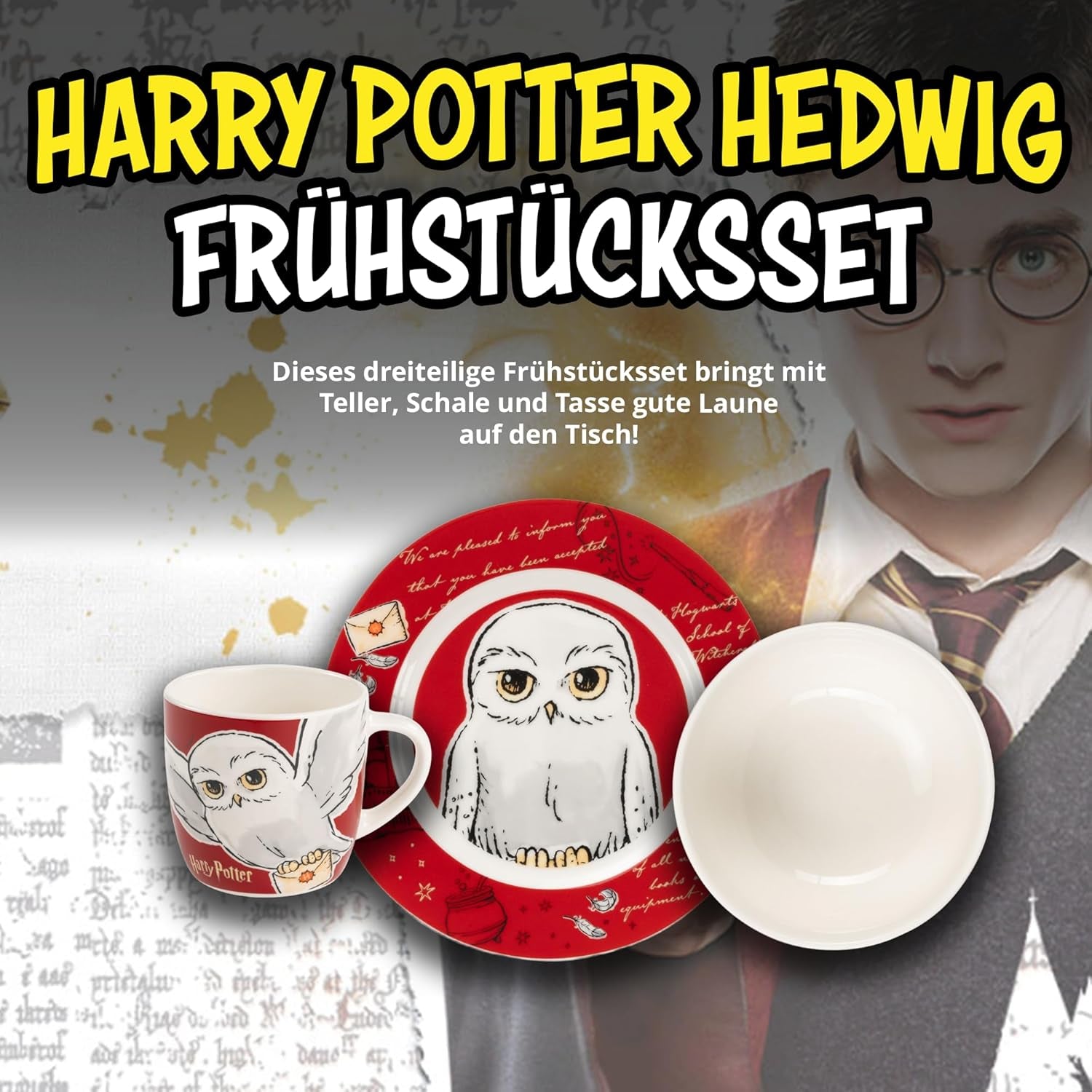 Service de table Harry Potter 3 pièces, rouge, service de petit-déjeuner en porcelaine avec assiette Ø 19 cm, tasse 220 ml et bol 330 ml, service de table