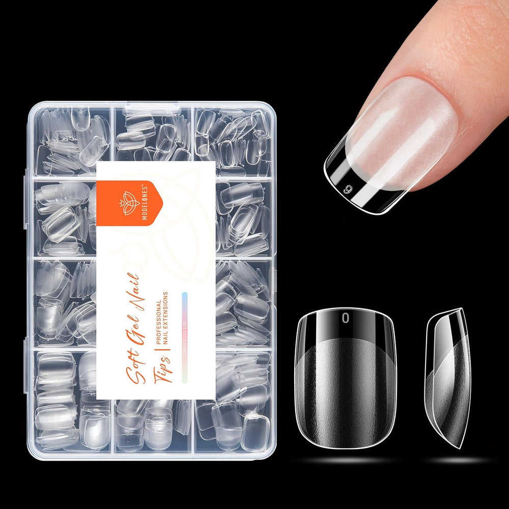 Modelones Nail Tips 216 pièces – Ensemble de pointes d'ongles à couverture complète, ensemble de pointes en gel souple, pointes d'ongles en résine PMMA pré-polissage, colle DIY sur ongles artificiels Nail Art, amandes courtes XS