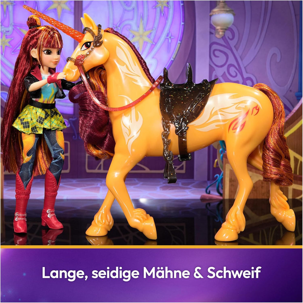 Unicorn Academy Cinder la Licorne - Licorne Valentina originale de 28 cm de haut de la série Netflix, avec une vraie crinière et une vraie queue, une bride, une selle et une brosse amovibles, pour les enfants à partir de 4 ans