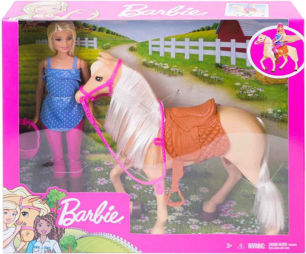 Barbie-Puppe und Pferdespielzeug, Reitzubehör, 1 Puppe und 1 Pferd enthalten, als Geschenk für Kinder ab 3 Jahre geeignet, FXH13