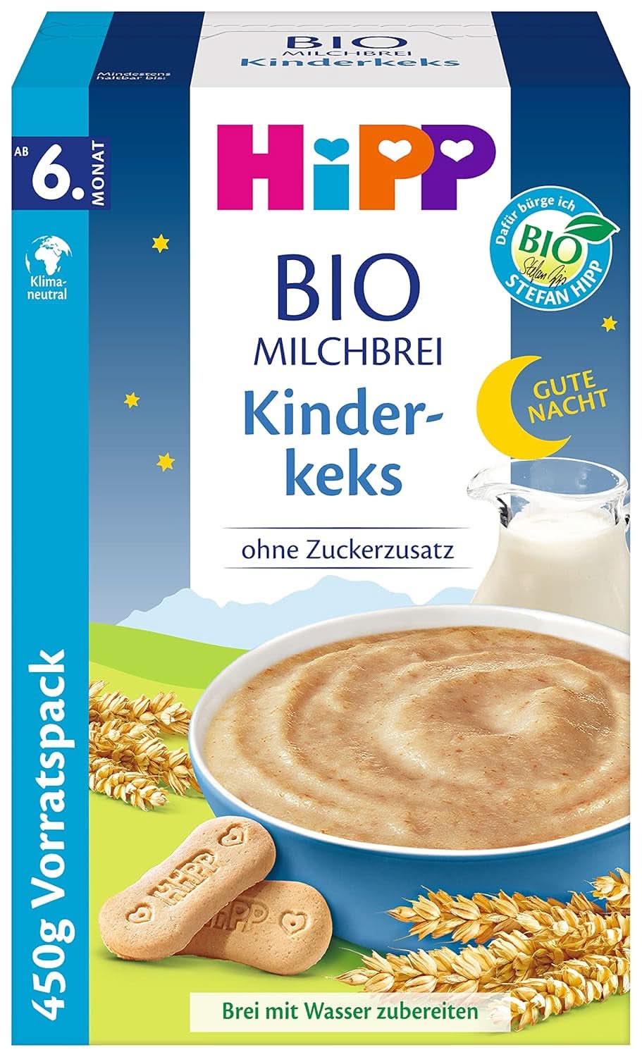 Bouillie de lait biologique Hipp sans sucre ajouté, semoule et banane, emballage de conservation (4X450 grammes) Mère et Enfant Naty Shop 4 x 450 grammes Biscuits pour enfants