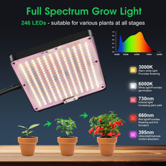 Lampe LED pour plantes à spectre complet avec support réglable, 246 LED avec minuterie et 9 niveaux de luminosité, lumière pour plantes à fleurs, culture hydroponique et graines, pour débutants et jardiniers d'intérieur