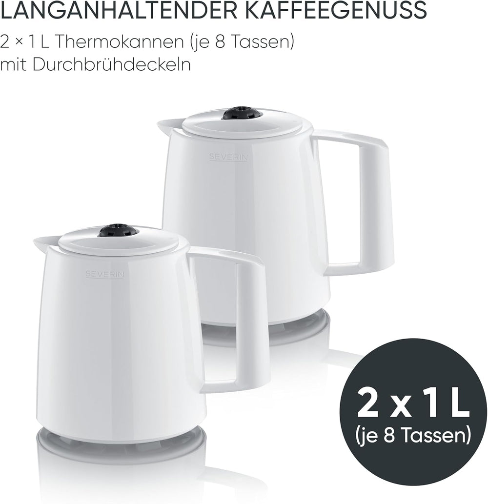 Machine à expresso Severin avec filtre et 2 carafes thermiques, machine à expresso avec couvercle, versement sans goutte, maintien longue température, arrêt automatique, 1000 W, env. 1 litre, blanc, KA 9309