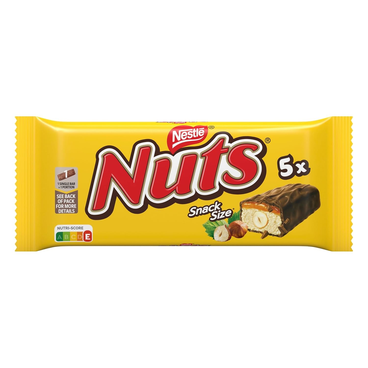 Nestlé NUTS, barres de chocolat aux noisettes fourrées au caramel, noisettes entières et délicieuse crème de bonbons, enrobées de chocolat au lait, 1 paquet (5 x 30 g)