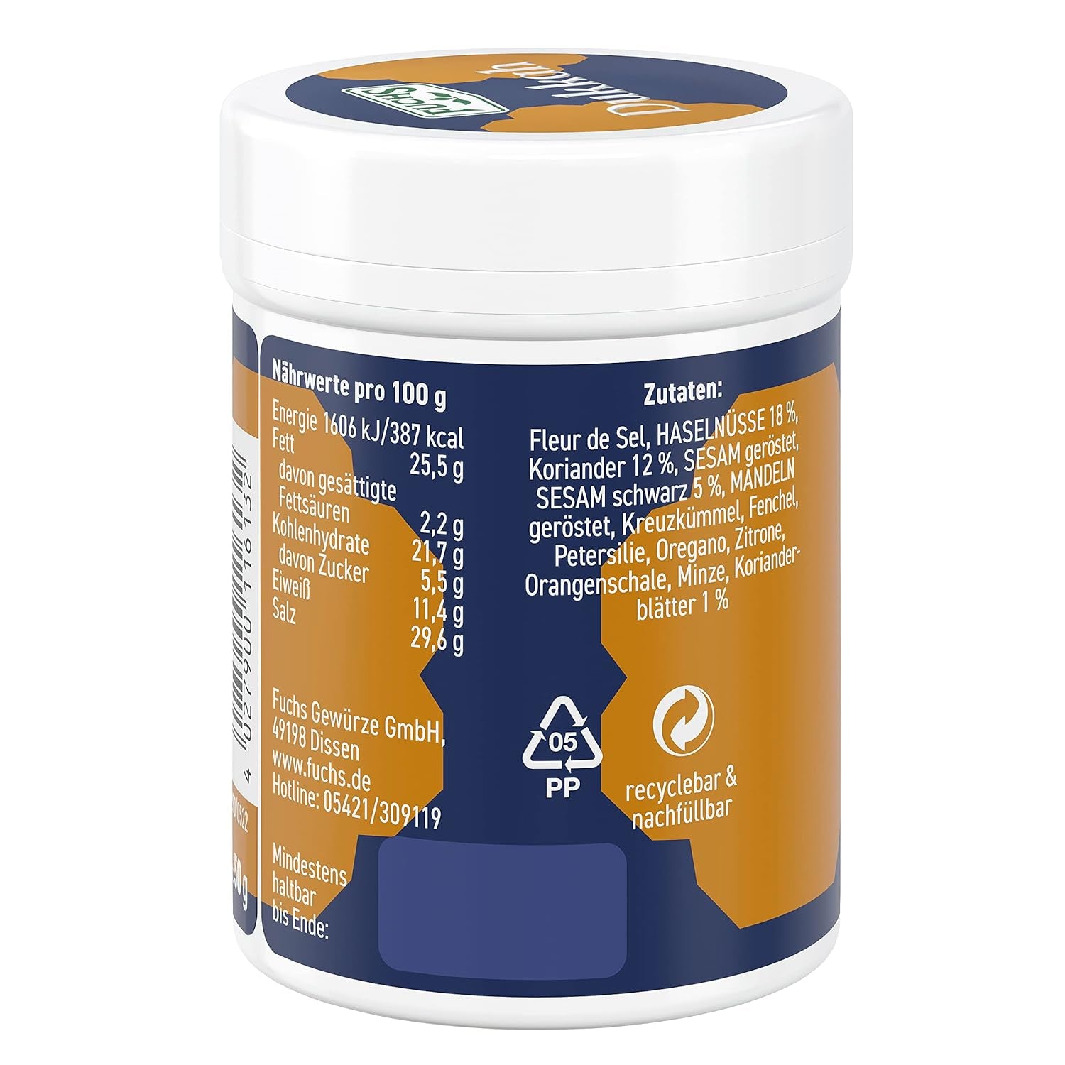 Fuchs Gewürze Gourmet Selection Naher Osten-Afrika – Dukkah Gewürzmischung, nachfüllbarer Gewürz Mix, zum Verfeinern von Fisch und Lamm, végétalien, 50 g